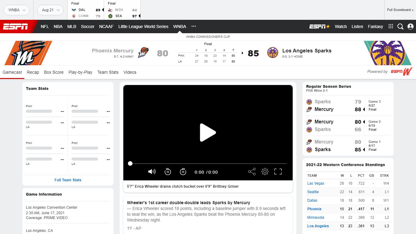 Phoenix vs. Los Angeles - Game Summary - June 16, 2021 - ESPN